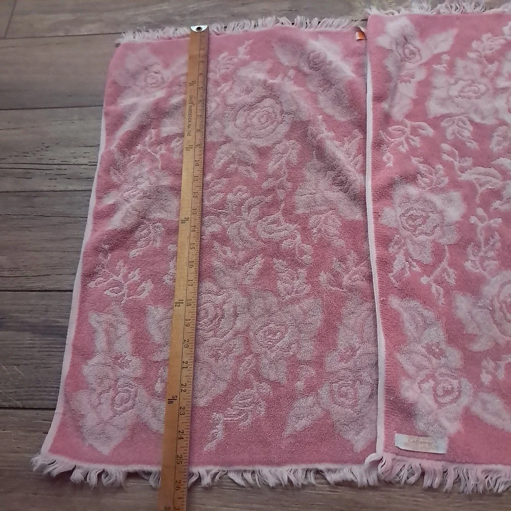 Vintage Callaway‎ Towels Pink Rose Floral hand bath fringe USA pastel reversible
